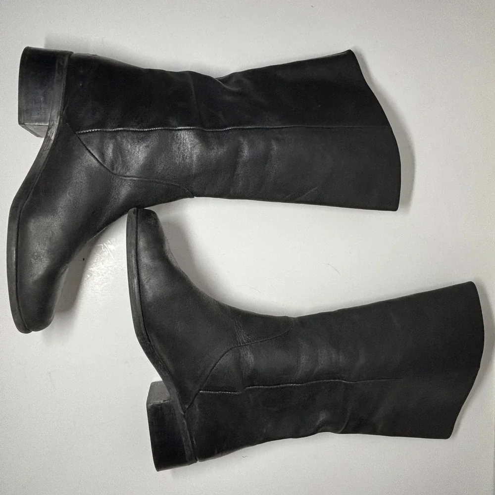 Leather Tall Boots Women 7 Black Low Block Heel Made in Brazil Equestrian Luxury